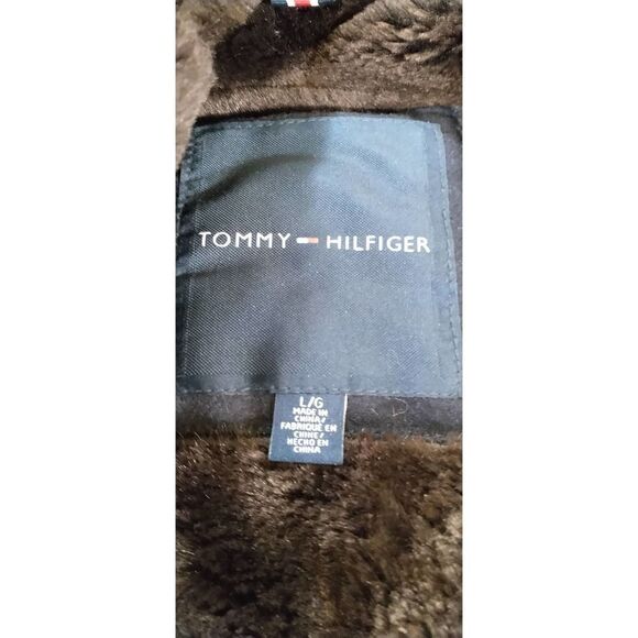 TOMMY HILFIGER FAUX FUR WOOL BLEND COAT SIZE LARGE BLACK BROWN POCKETS - Picture 4 of 8